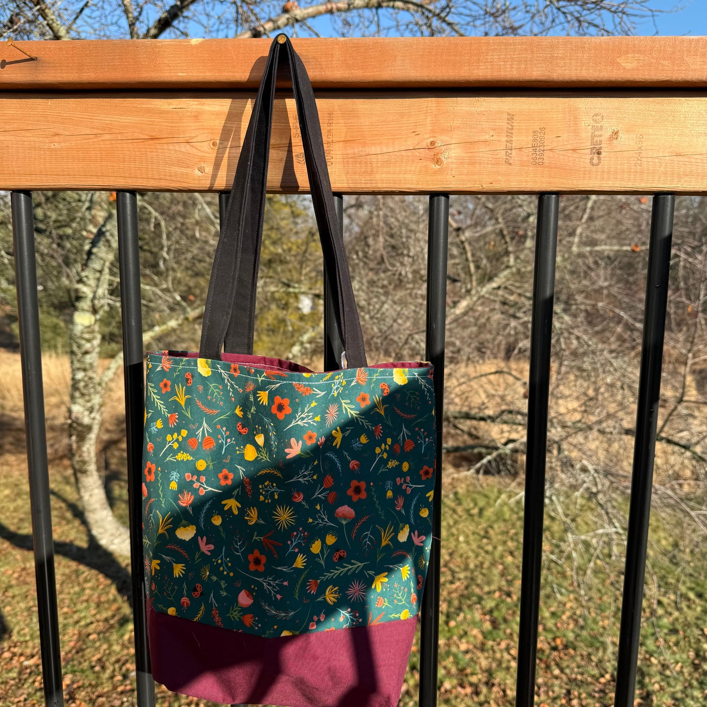 Dark Floral with Black Handle Tote Bag