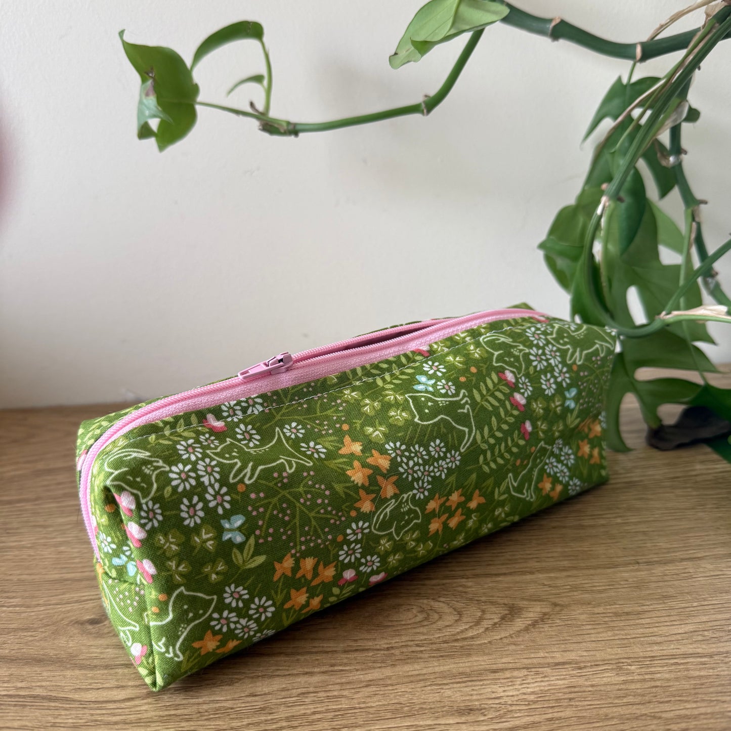 Pink and Green Kitty Floral Pencil Case
