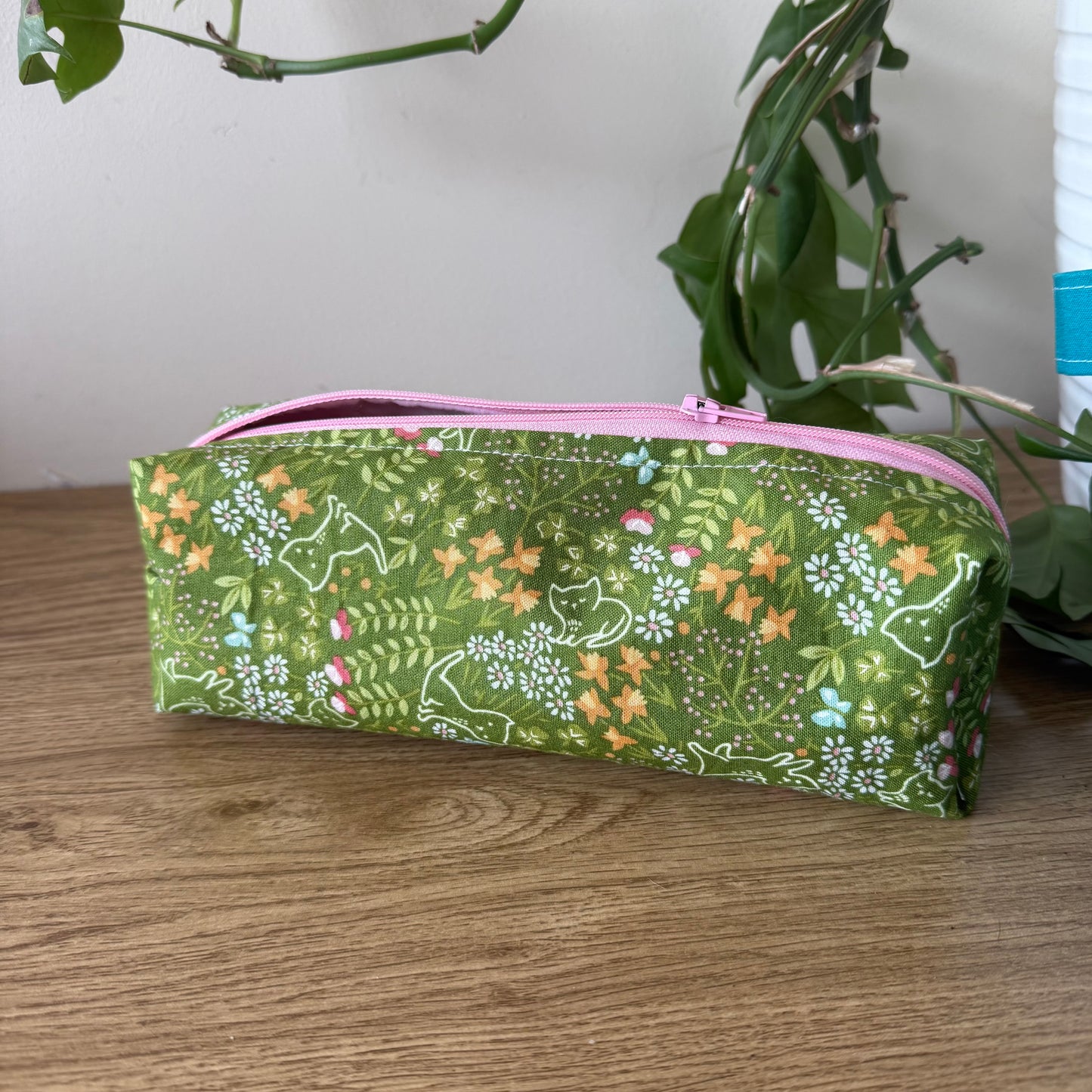 Pink and Green Kitty Floral Pencil Case