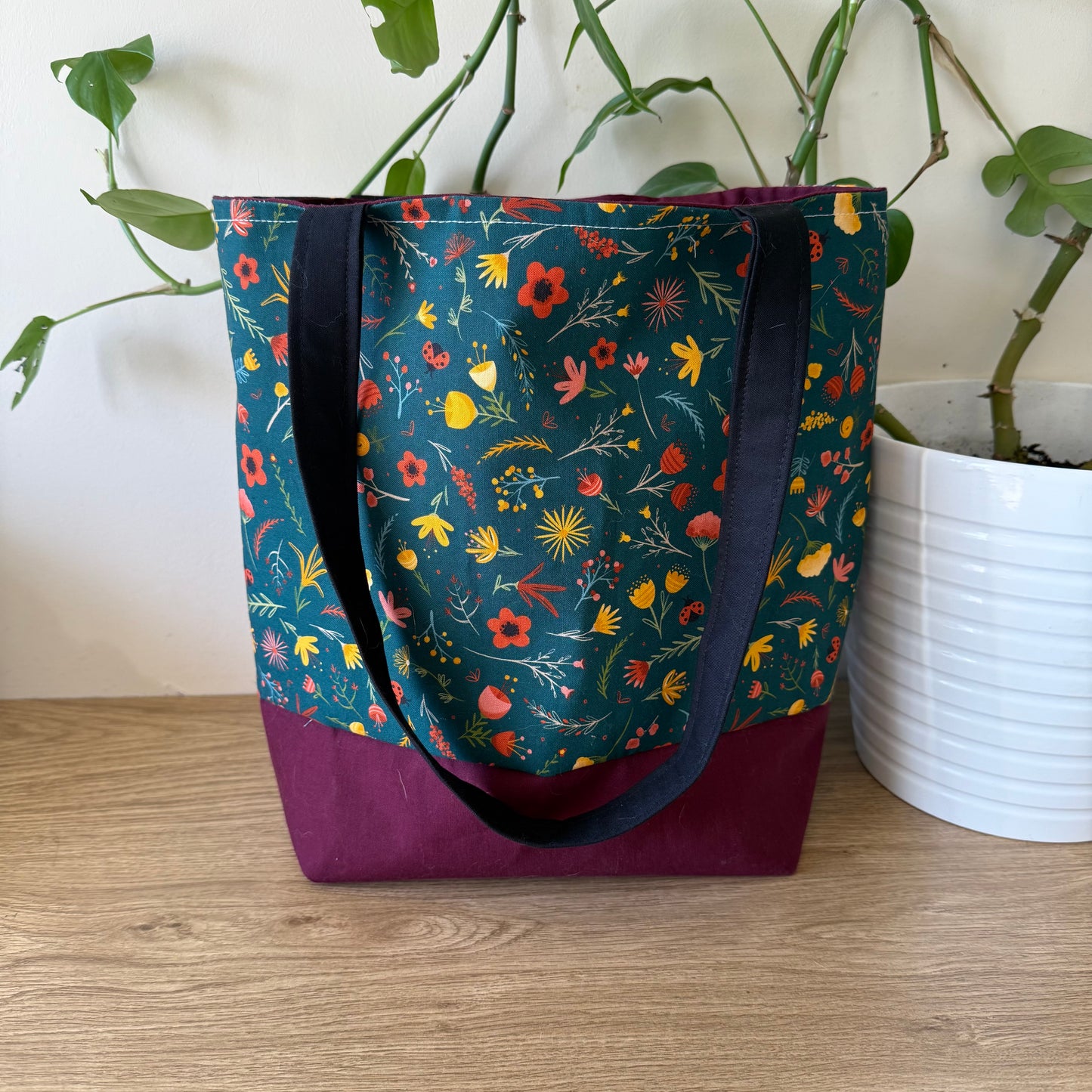 Dark Floral with Black Handle Tote Bag